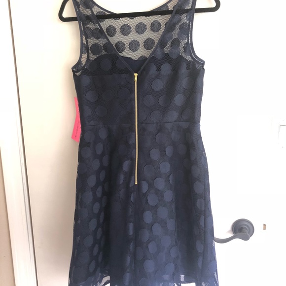 Sleeveless Illusion Polka Dot Dress Navy - Picture 4 of 5